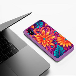 Чехол iPhone XS Max матовый Цветы и листья узор, цвет: 3D-фиолетовый — фото 2