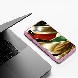 Чехол iPhone XS Max матовый Золотая абстракция с зелеными и красными вставками, цвет: 3D-розовый — фото 2