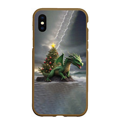 Чехол iPhone XS Max матовый Зеленый дракон, символ 2024 года, цвет: 3D-коричневый