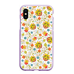 Чехол iPhone XS Max матовый Хохломская роспись разноцветные цветы на белом фон, цвет: 3D-сиреневый
