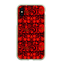 Чехол iPhone XS Max матовый Хохломская роспись красные цветы и ягоды на чёрном, цвет: 3D-салатовый