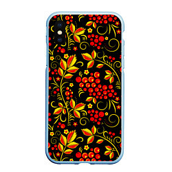 Чехол iPhone XS Max матовый Хохломская роспись золотистые листья чёрном фоне, цвет: 3D-голубой