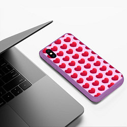 Чехол iPhone XS Max матовый Красные сердца на розовом фоне, цвет: 3D-фиолетовый — фото 2