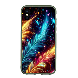 Чехол iPhone XS Max матовый Неоновые разноцветные перья, цвет: 3D-темно-зеленый