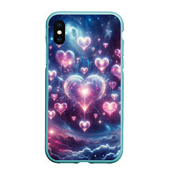 Чехол iPhone XS Max матовый Космические сердца - звезды, цвет: 3D-мятный