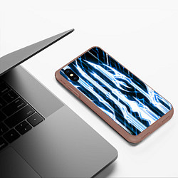 Чехол iPhone XS Max матовый Синие неоновые полосы на чёрном фоне, цвет: 3D-коричневый — фото 2