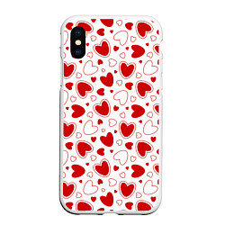 Чехол iPhone XS Max матовый Красные сердечки на белом фоне, цвет: 3D-белый