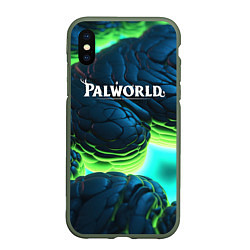 Чехол iPhone XS Max матовый Palworld логотип на ярких синих и зеленых неоновых, цвет: 3D-темно-зеленый