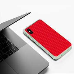 Чехол iPhone XS Max матовый Красные сердечки на красном фоне, цвет: 3D-салатовый — фото 2