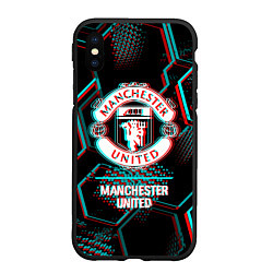 Чехол iPhone XS Max матовый Manchester United FC в стиле glitch на темном фоне, цвет: 3D-черный
