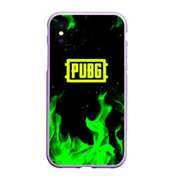 Чехол iPhone XS Max матовый PUBG кислотное лого огненный стиль, цвет: 3D-сиреневый