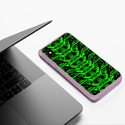 Чехол iPhone XS Max матовый Зелёная техно-броня на чёрном фоне, цвет: 3D-сиреневый — фото 2