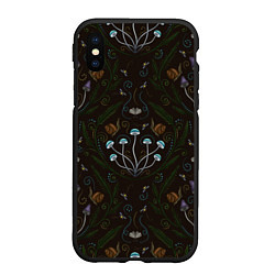 Чехол iPhone XS Max матовый Волшебный лес, грибы, улитки и мотыльки - паттерн, цвет: 3D-черный