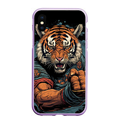 Чехол iPhone XS Max матовый Тигр в стойке тайский бокс, цвет: 3D-сиреневый