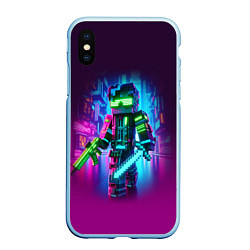 Чехол iPhone XS Max матовый Cyberpunk and Minecraft - collaboration ai art, цвет: 3D-голубой