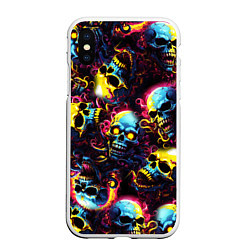 Чехол iPhone XS Max матовый Разноцветные черепушки с щупальцами, цвет: 3D-белый