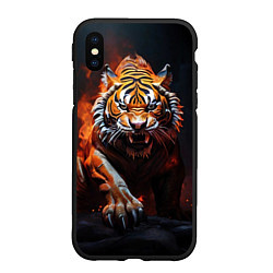 Чехол iPhone XS Max матовый Злой тигр в огне рычит и нападает, цвет: 3D-черный