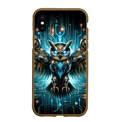 Чехол iPhone XS Max матовый Величественная кибернетическая сова на фоне футури, цвет: 3D-коричневый