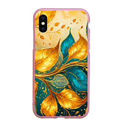 Чехол iPhone XS Max матовый Листья абстрактные золото и бирюза, цвет: 3D-розовый