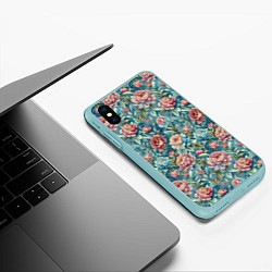 Чехол iPhone XS Max матовый Пионы паттерном садовые крупные цветы, цвет: 3D-мятный — фото 2