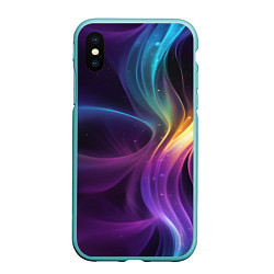 Чехол iPhone XS Max матовый Радужные неоновые волны и разводы на черном фоне, цвет: 3D-мятный