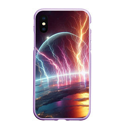 Чехол iPhone XS Max матовый Неоновый космос - разряд молний, цвет: 3D-сиреневый