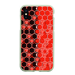 Чехол iPhone XS Max матовый Техно-киберпанк шестиугольники красный и чёрный, цвет: 3D-салатовый