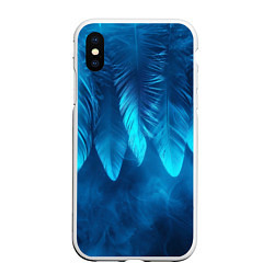 Чехол iPhone XS Max матовый Вертикальные синие перья и дым