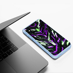 Чехол iPhone XS Max матовый Фиолетово-белые абстрактные линии на чёрном фоне, цвет: 3D-голубой — фото 2