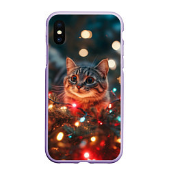 Чехол iPhone XS Max матовый Новогодний котик в гирляндах, цвет: 3D-светло-сиреневый