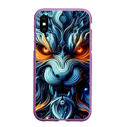 Чехол iPhone XS Max матовый Морда свирепого льва - ирезуми, цвет: 3D-фиолетовый