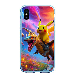 Чехол iPhone XS Max матовый Пикачу летит на драконе среди грибов, цвет: 3D-голубой