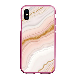 Чехол iPhone XS Max матовый Бело-розовый диагональный узор с золотыми блесткам, цвет: 3D-малиновый