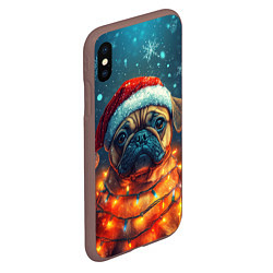 Чехол iPhone XS Max матовый Бульдог новогодний в гирлянде, цвет: 3D-коричневый — фото 2