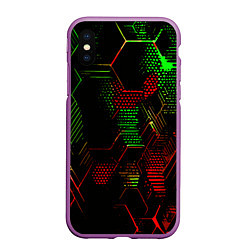 Чехол iPhone XS Max матовый Красно-зелёные точки и линии на чёрном фоне, цвет: 3D-фиолетовый