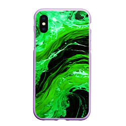 Чехол iPhone XS Max матовый Зелёные брызги на чёрном фоне, цвет: 3D-сиреневый