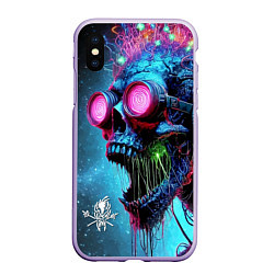 Чехол iPhone XS Max матовый Metallica - crazy skeleton with headphones, цвет: 3D-светло-сиреневый