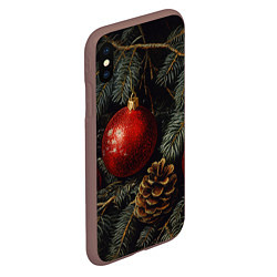 Чехол iPhone XS Max матовый Красные новогодние шары с шишкой, цвет: 3D-коричневый — фото 2