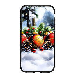 Чехол iPhone XS Max матовый Красные и желтый новогодние шары, цвет: 3D-черный