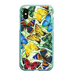 Чехол iPhone XS Max матовый Тропические бабочки, цвет: 3D-мятный