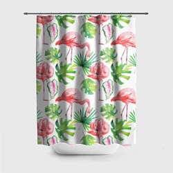 Шторка для ванной Фламинго в тропиках