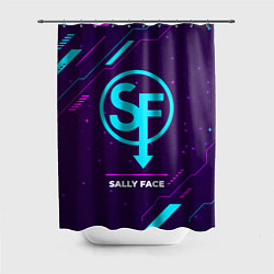 Шторка для душа Символ Sally Face в неоновых цветах на темном фоне, цвет: 3D-принт