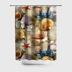 Шторка для душа Морские раковины, кораллы, морские звёзды на песке, цвет: 3D-принт