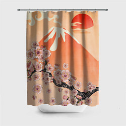 Шторка для душа Ветка цветущей сакуры и вулкан, цвет: 3D-принт