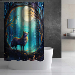 Шторка для душа Волк в ночном лесу в folk art стиле, цвет: 3D-принт — фото 2