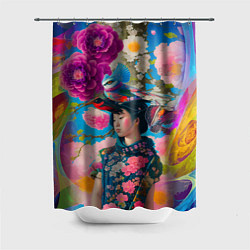 Шторка для душа Девочка с птицами среди цветов - мскусство, цвет: 3D-принт