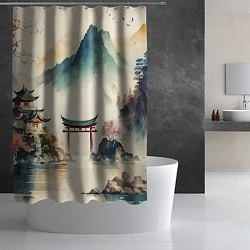 Шторка для душа Японский пейзаж - акварель, цвет: 3D-принт — фото 2