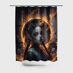 Шторка для душа Готическая девушка с двумя косами в огненном круге, цвет: 3D-принт