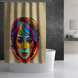 Шторка для душа Девушка с разноцветными волосами на клетчатом фоне, цвет: 3D-принт — фото 2