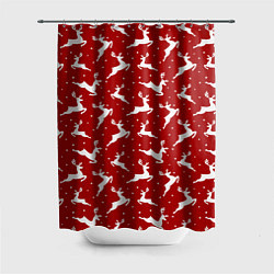 Шторка для душа Красный паттерн с новогодними оленями, цвет: 3D-принт